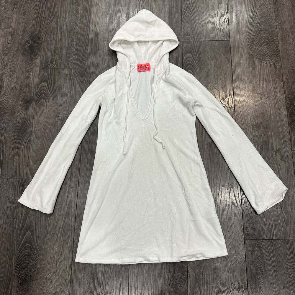 Juicy Couture White Velour Hooded Beach Cover-Up Tunic Dress Size S